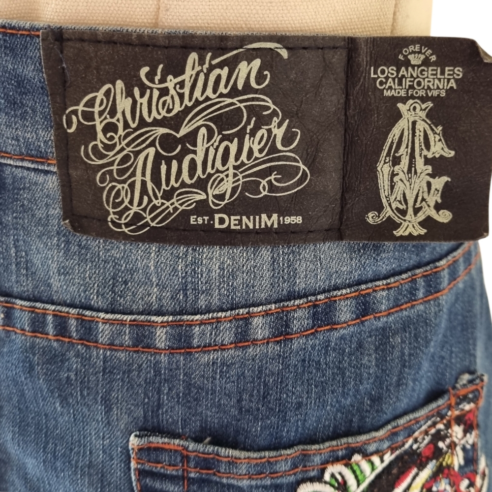 Christian Audigier Mini Denim Y2K Embroidered Panther Skirt Size 31 (Size 12) - Picture 9 of 13